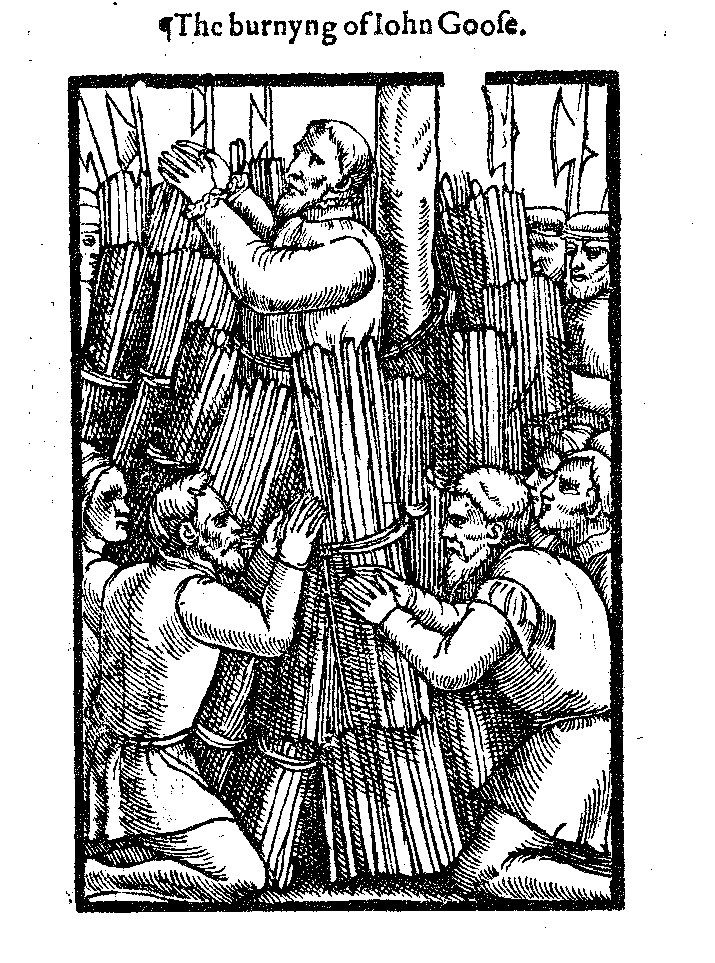 Schwarze und weiße Zeichnung, die eine Gruppe von verzweifelten Menschen vor einem brennenden Gebäude zeigt, betitelt mit "Das Brennen von John Goofe."