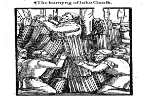 Schwarze und weiße Zeichnung, die eine Gruppe von verzweifelten Menschen vor einem brennenden Gebäude zeigt, betitelt mit "Das Brennen von John Goofe."