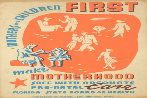 Ein Plakat mit dem Text "Machen Sie die Mutterschaft mit ausreichender Voruntersuchung sicher" in Weiß auf einem blauen Hintergrund, das fröhliche Menschen verschiedenen Alters, Geschlechts und Herkunftslandes zeigt.