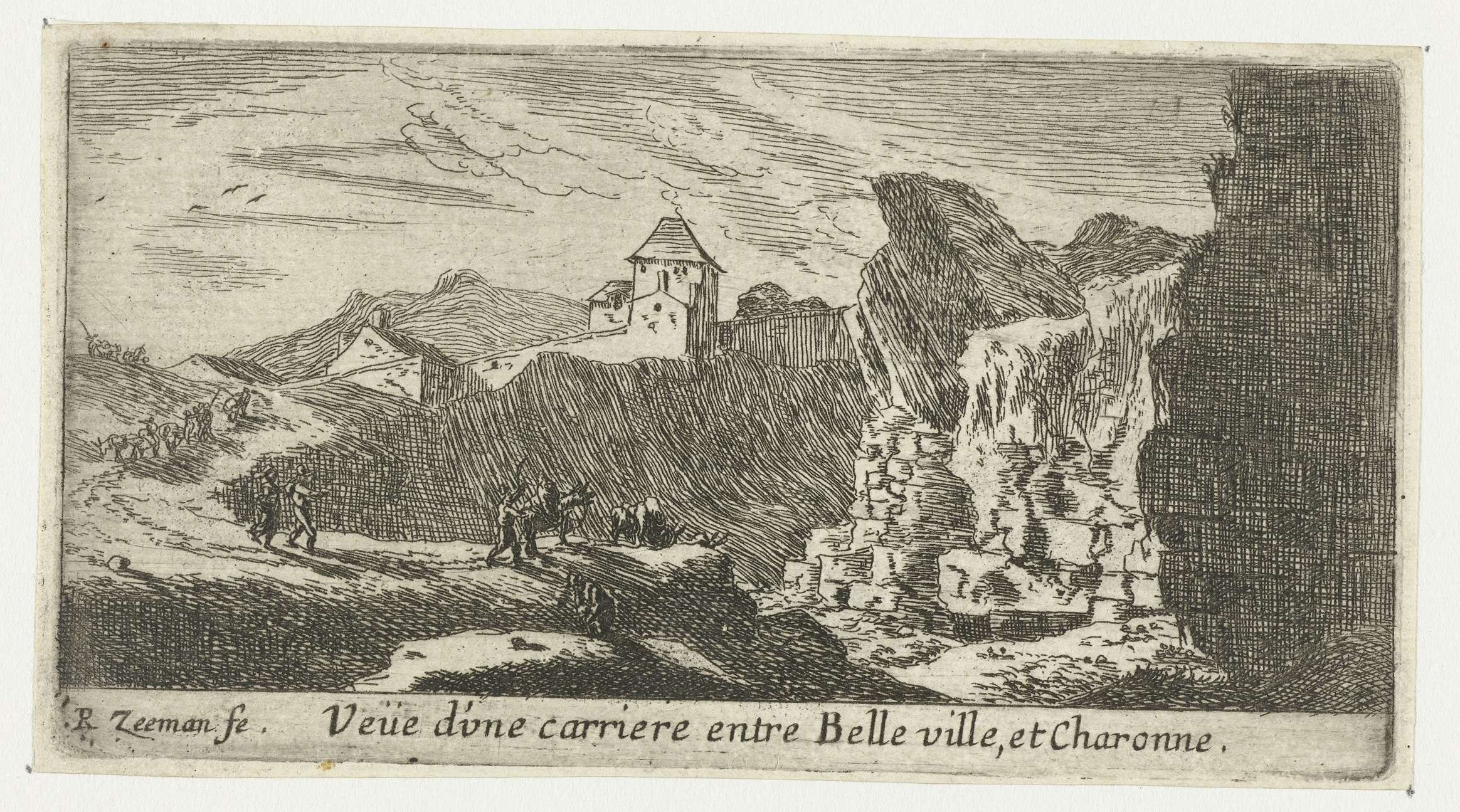 Schwarze und wei├če Radierung einer Berglandschaft mit einem Schloss im Hintergrund, umgeben von H├Ąngen und Menschen, mit Text unten.
