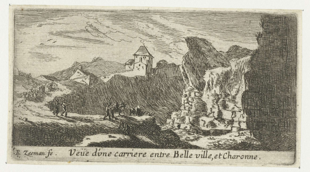 Schwarze und wei├če Radierung einer Berglandschaft mit einem Schloss im Hintergrund, umgeben von H├Ąngen und Menschen, mit Text unten.