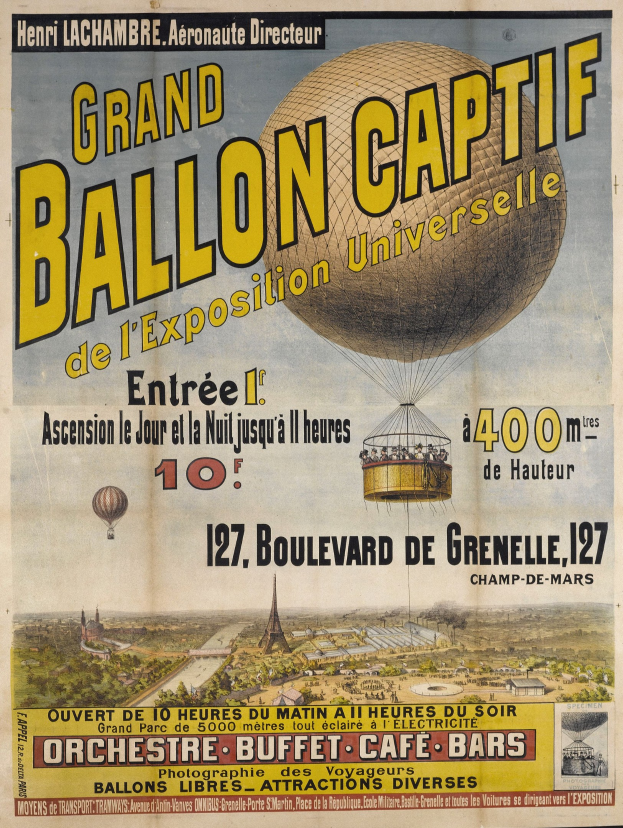 Plakat, das eine Heißluftballonausstellung auf der Weltausstellung 1900 ankündigt, mit Illustrationen von Ballons, Gebäuden, Bäumen und Himmel mit Text.