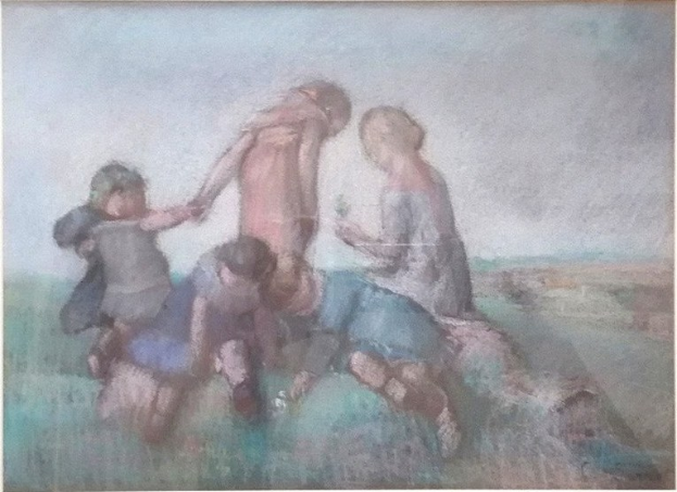 Gemälde von Kindern, die auf einem Feld spielen, gerahmt, mit hellen, fröhlichen Farben und spielerischen Ausdrücken.