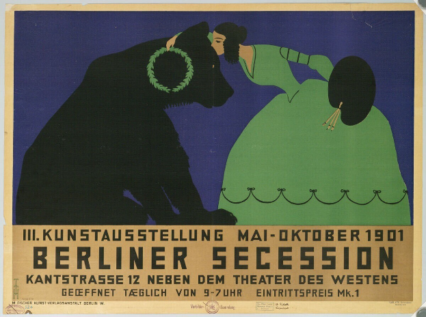 Plakat der Berliner Secession mit einer Frau in grünem Kleid und einem Mann in schwarzem Anzug mit Textbeschreibung des Ereignisses.