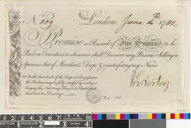 Altes Dokument mit schwarzer und weißer Handschrift, Text, einem Stempel und Farbskalen unten, das eine Belohnung für die Meldung von gefälschten Mardant's Tropfen beschreibt.