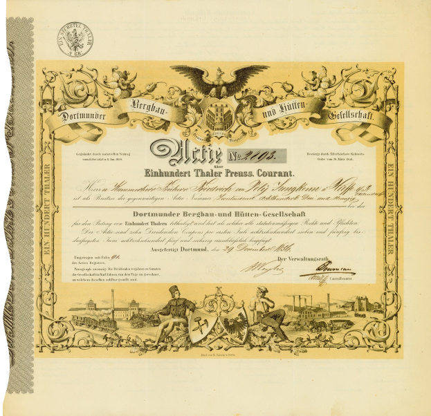 Altes Aktienzertifikat mit einem Mann und einer Frau, verziert mit dekorativem Text und Bild in klassischem Design.