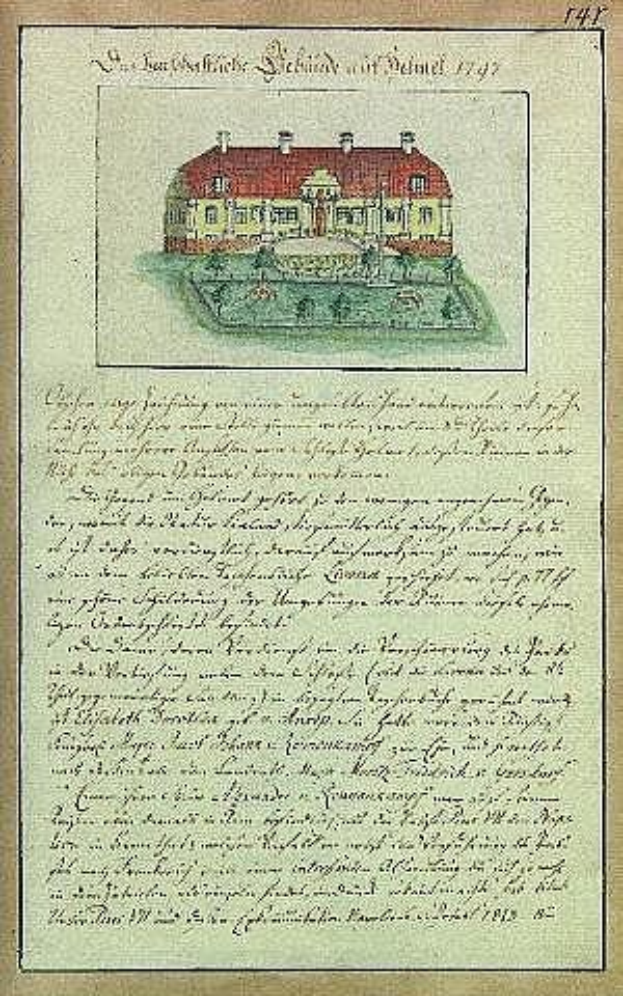 Altes Dokument mit detaillierter Zeichnung eines weißen Hauses mit rotem Dach, unterzeichnet von der Schleswig-Holstein-Schule Delmar in Deutschland, datiert 1797.