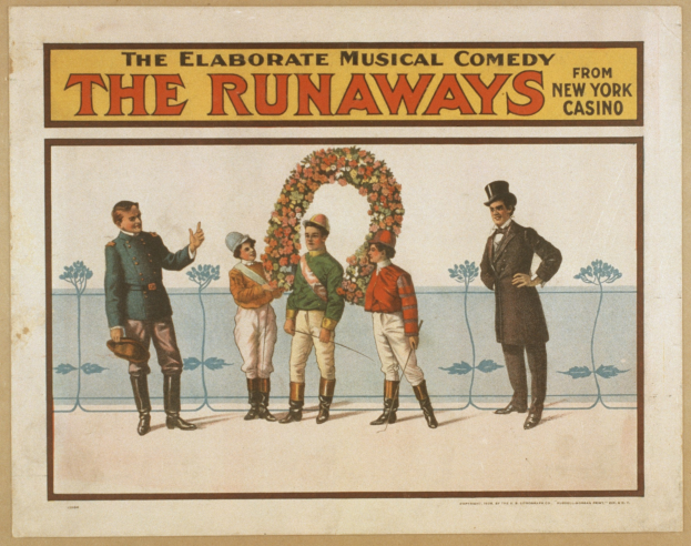 Plakat für "Elaborate Musical Comedy Runaways from New York Casino" mit einer Gruppe von Menschen in einer Reihe, wobei einer einen Blumenstrauß hält und Text, der die Komödie beschreibt.