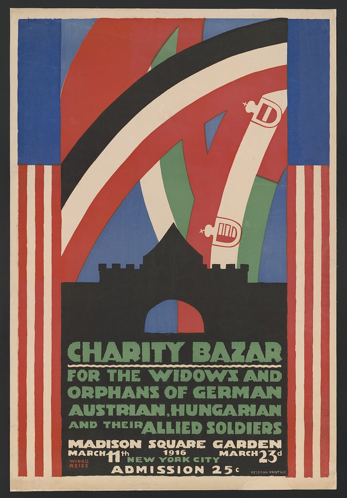 Charity Basar Plakat für die Witwen und Waisen deutscher, australischer, ungarischer und alliierter Soldaten mit Ereignisinformationen im Text.