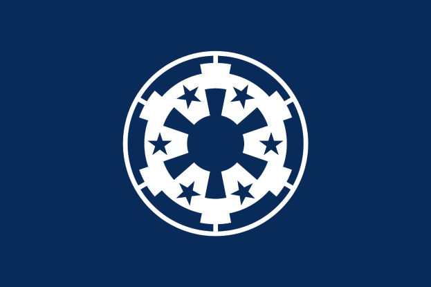 Weißes "Star Wars Empire"-Logo auf einem tiefblauen Hintergrund.