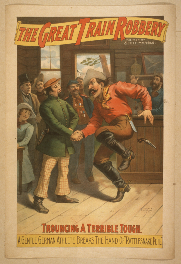 Eine Gruppe von Menschen drinnen, einer hält eine Waffe, mit Text oben und unten 'The Great Train Robbery - Trouching a Terrible Tough'.