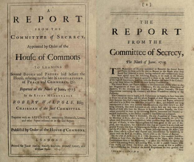 Ein offenes Buch mit dem Titel "The Report from the Committee of Secrecy, Appointed by Order of the House of Commons" auf dem Cover.