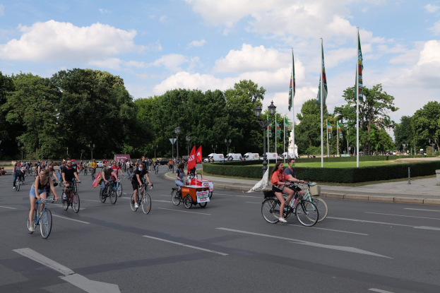 Eine Gruppe von Menschen, die auf Fahrrädern eine von Bäumen gesäumte Straße mit Laternenmasten und Fahnenmasten entlangfahren, während der Pariser Fahrradtag 2016 stattfindet, mit bewölktem Himmel und einigen Fahrzeugen im Hintergrund.