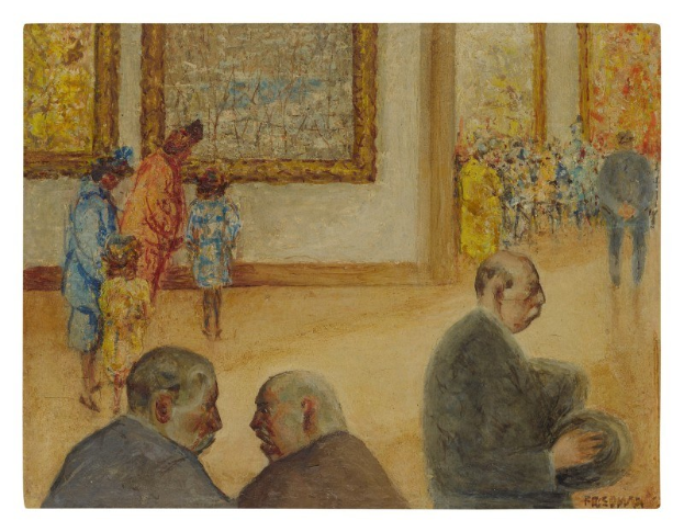 Gemälde mit dem Titel "Die Ausstellung im Museum of Fine Arts" von Édouard Manet, das formell gekleidete Menschen in einem Raum mit Wänden zeigt, die mit gerahmten Kunstwerken geschmückt sind, in gedämpften Erdtönen dargestellt.