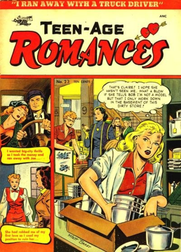 Ein farbenfroher DC-Comics-Plakat titled "Teen-Age Romances 23-A", das eine Gruppe von strahlenden Menschen in einer fröhlichen Umarmung zeigt.