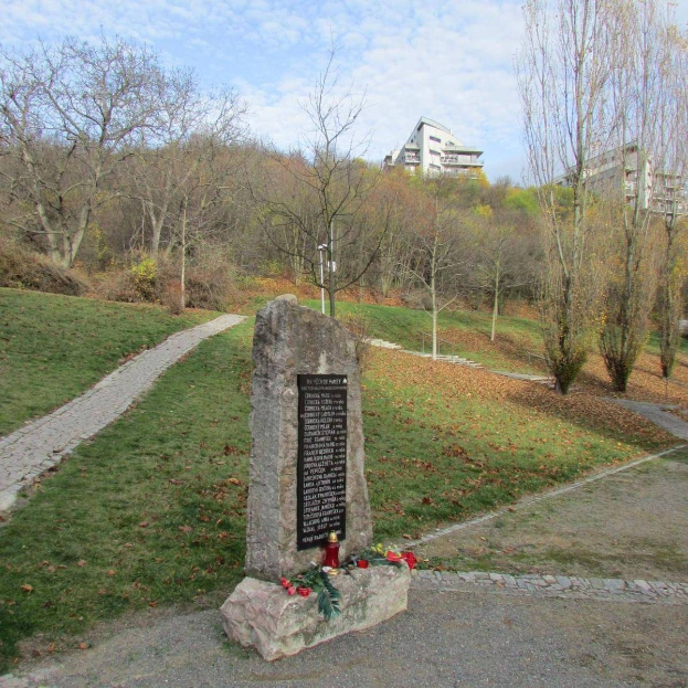 Ein Denkmal in einem Park mit einer Tafel, auf der "Denkmal für die Opfer der Tschernobyl-Katastrophe" steht, umgeben von Gras, trockenen Blättern, einem Weg, Bäumen, Pflanzen, einem Straßenmast, Gebäuden und einem bewölktem Himmel.