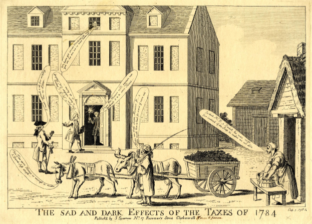Ein Blatt mit einer Zeichnung eines Gebäudes, eines Wagens mit Gegenständen und einigen Menschen, mit Text unten, der "die traurigen und dunklen Auswirkungen der Steuern von 1784" lautet.