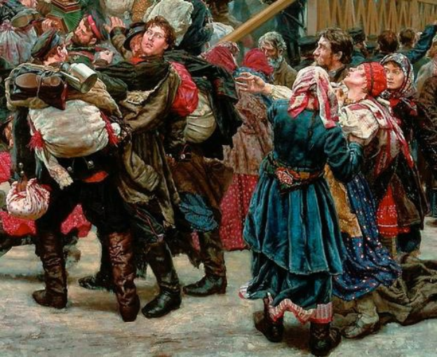 Gemälde zeigt eine Gruppe von Menschen in traditioneller russischer Kleidung während der russischen Revolution, die tanzen und Gegenstände halten, vor einem Publikum und einem hölzernen Haus im Hintergrund.