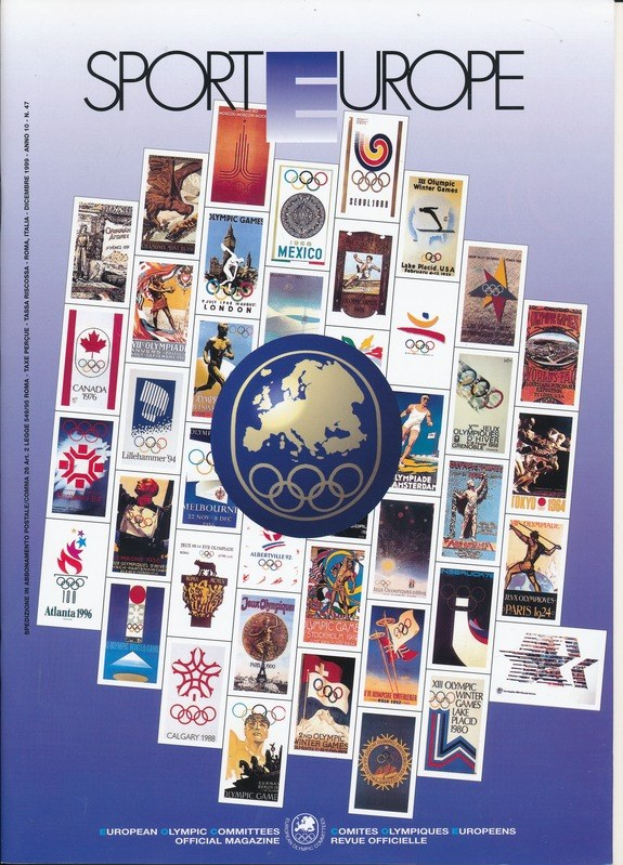 Ein Buchumschlag mit dem Titel "Sporting Europe" in leuchtenden Farben und detaillierten Designs mit Olympischen Symbolen und verwandten Bildern.