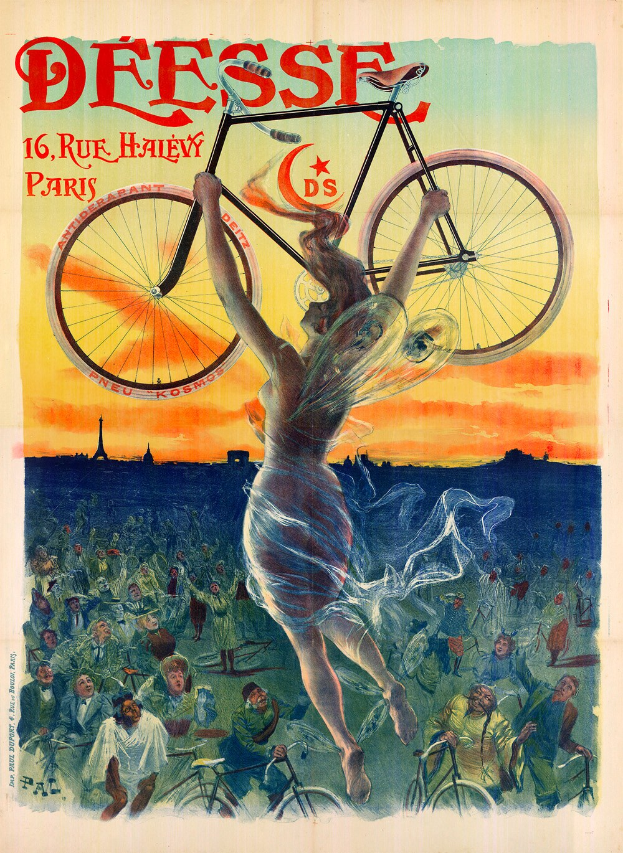 Plakat, das ein Fahrradrennen in Paris ankündigt, mit einer Frau, die ein Fahrrad hält, einer Menge und dem Eiffel Tower im Hintergrund sowie Text auf dem Plakat.