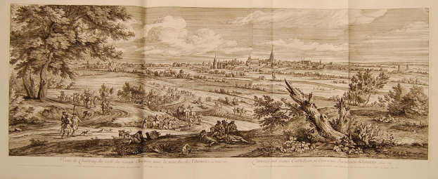Offenes Buch mit der Aufschrift 'Sicht auf die Schlacht von Castellum und Castellium, aus der Illustrated London News' zeigt eine detaillierte Landschaftsillustration mit einer Gruppe von Menschen im Vordergrund, Bäumen, Pflanzen, Gebäuden und Wolken am Himmel.