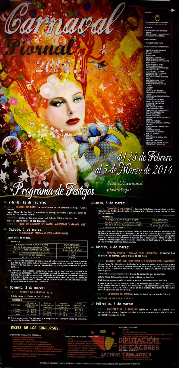 Plakat für das Karnevals Festival 2014 mit einer lachenden Frau in einem bunten Kleid auf einem leuchtenden gelben Hintergrund, umgeben von fetter schwarzer Schrift.