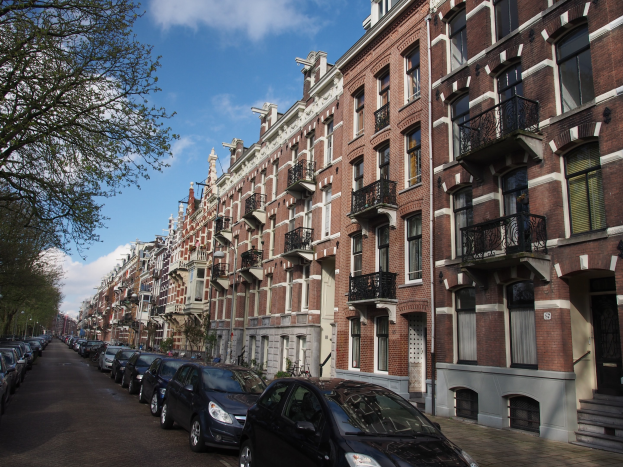 Eine Reihe geparkter Autos entlang einer von Bäumen gesäumten Straße in Amsterdam, mit Gebäuden, die Fenster, Geländer und Stufen aufweisen, unter einem bewölkten Himmel.