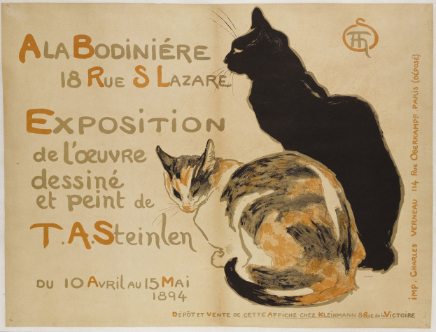 Zwei Katzen, eine schwarz und eine weiß, nebeneinander auf einem weißen Hintergrund sitzend mit Text, der eine Katzenschau in Paris ankündigt.