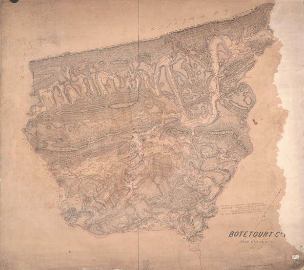Detailierte alte Karte von Botetourt mit Straßen, Gebäuden und Text mit Bevölkerungsangaben, Straßen und Sehenswürdigkeiten.