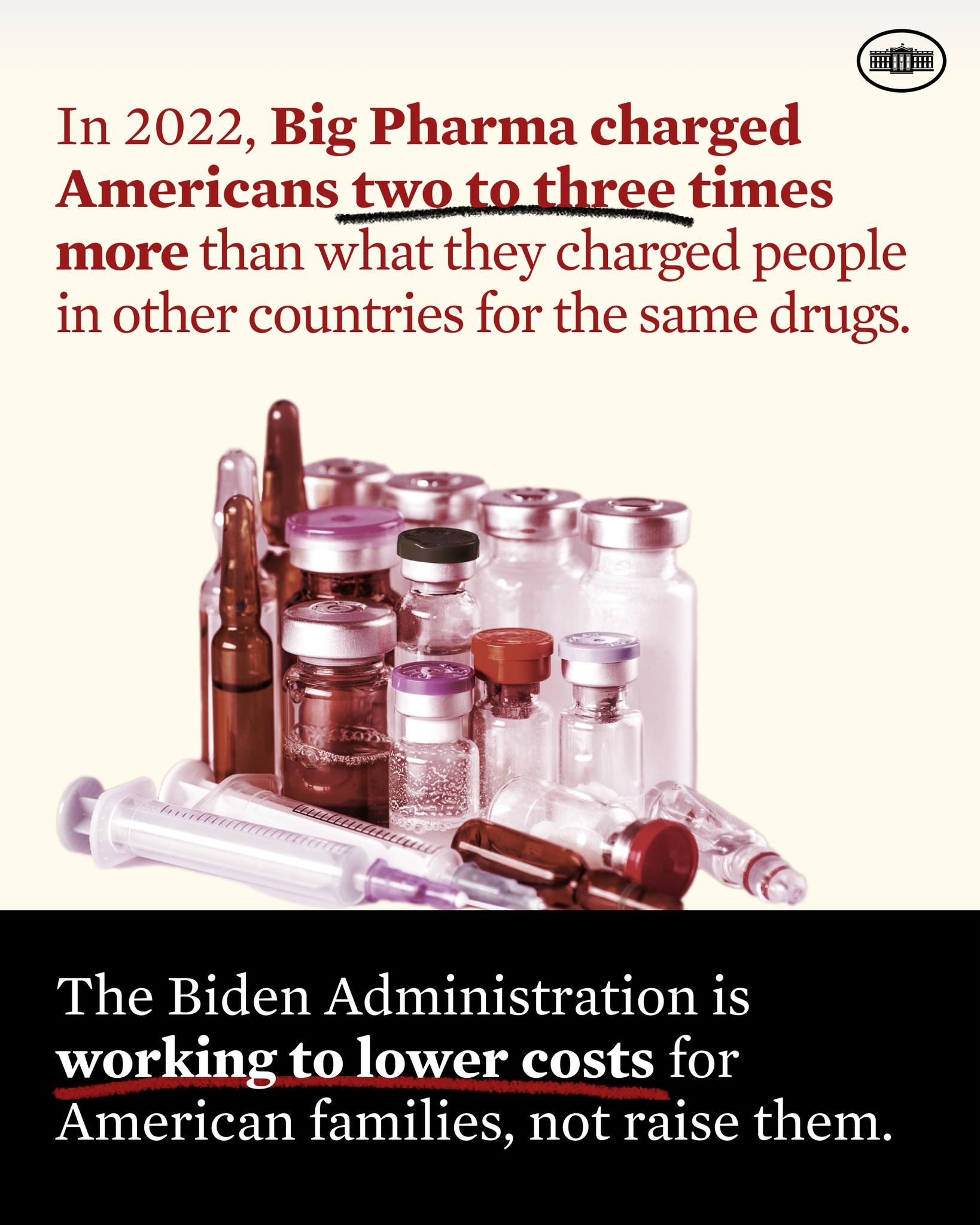 Plakat zeigt, dass Amerikaner zwei bis drei Mal mehr für dieselben Medikamente gezahlt haben als andere Länder, mit Flaschen und einer Spritze.
