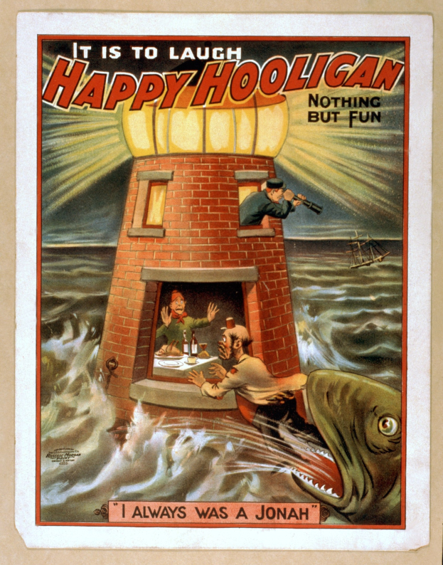 Plakat mit einem Leuchtturm in der Mitte, umgeben von Menschen, einem Fisch und Wasser, mit dem Text "Es ist zum Lachen, fröhlicher Rowdy, nichts als Spaß" oben und unten.
