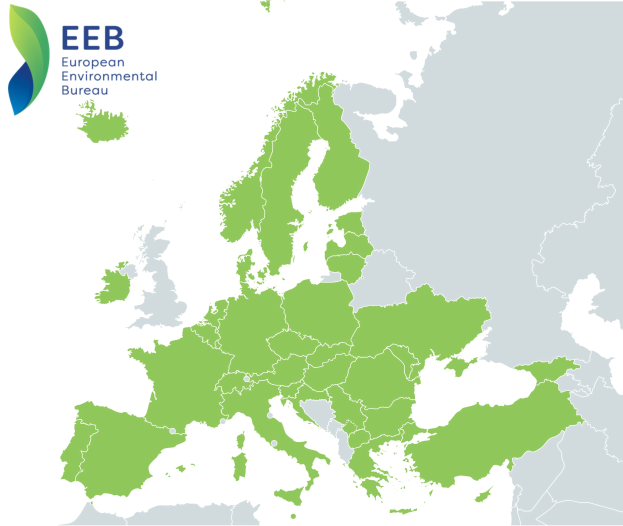 Eine Europakarte mit dem Logo des Europäischen Umweltbüros (EEB) links oben, die in verschiedenen Grüntönen schattiert ist, um die EU-Regionen anzuzeigen.