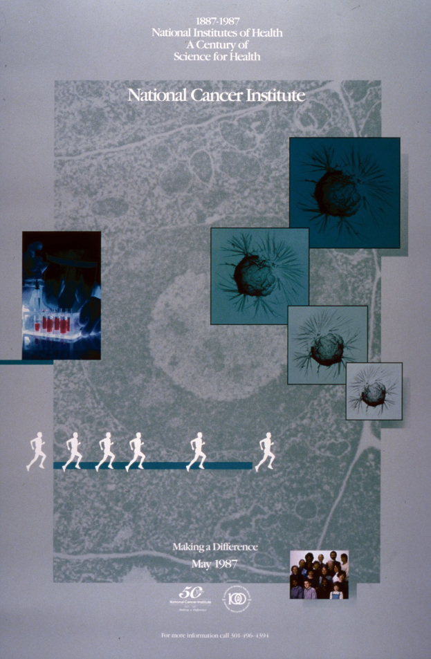 Buntes Plakat für das National Cancer Institute mit blauem Hintergrund, weißer Schrift und kreisförmiger Anordnung von lächelnden, verschiedenen Menschenbildern um den Text.