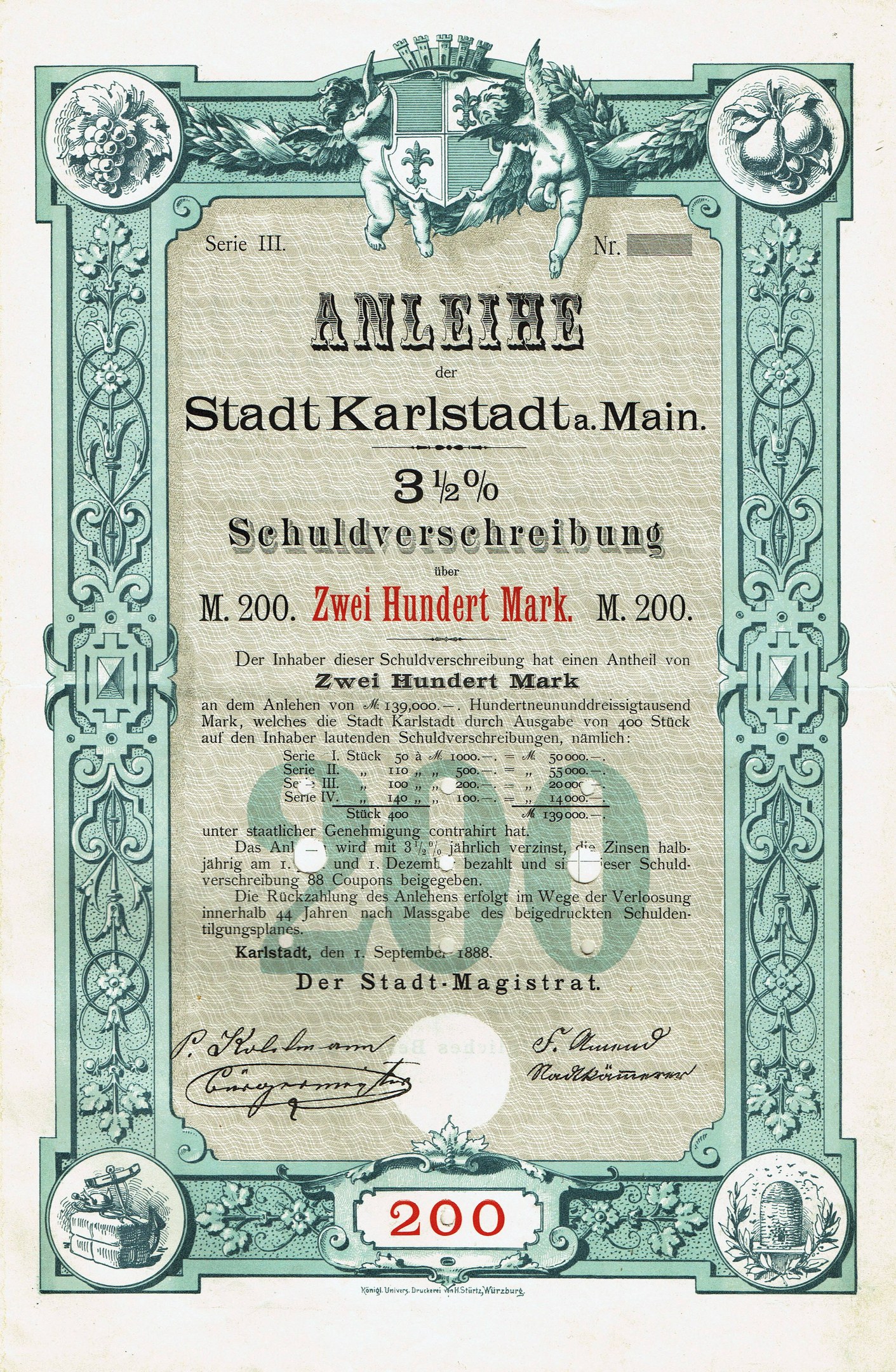 Altes Aktienzertifikat mit Porträt eines Mannes, mit gedrucktem Text und numerischen Werten, die die Aktiendetails angeben.