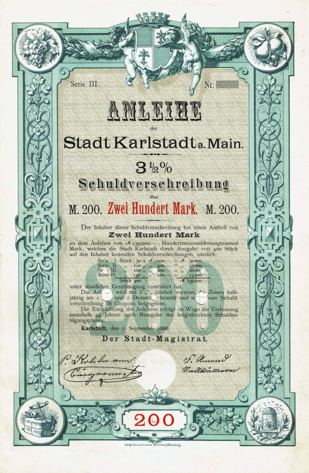 Altes Aktienzertifikat mit Porträt eines Mannes, mit gedrucktem Text und numerischen Werten, die die Aktiendetails angeben.