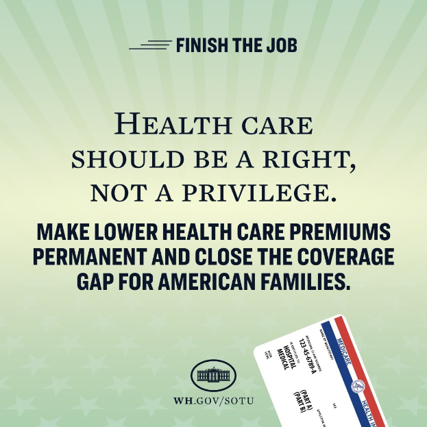 Plakat mit Text "Beenden Sie die Arbeit: Gesundheit sollte ein Recht sein, nicht ein Privileg" und einer Karte mit der Aufschrift "Machen Sie niedrigere Gesundheitskosten permanent und schließen Sie die Lücke in der Gesundheitsversorgung für amerikanische Familien."