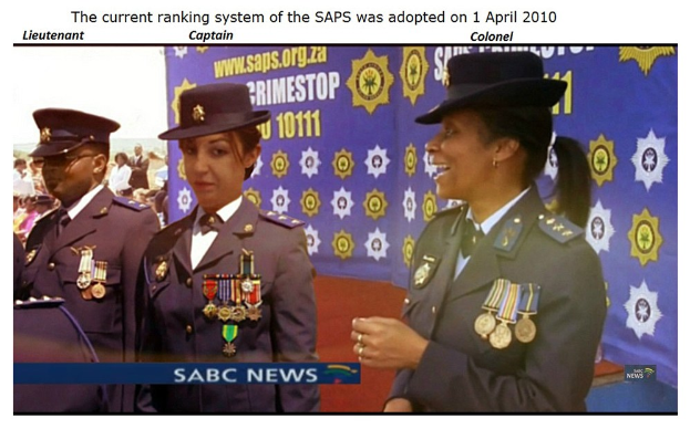 Gruppe von Menschen in Uniformen und Hüten, die vor einer Banner mit Text oben und unten stehen, der "Das aktuelle Ranglistensystem der SAP wurde am 1. April 2010 eingeführt."