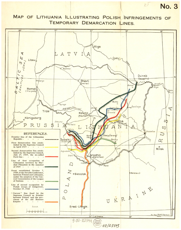 Ein Plakat mit einer detaillierten Karte von Litauen, das polnische Verletzungen der temporären Demarkationslinien hervorhebt, mit beschrifteten Städten, Ortschaften und geografischen Merkmalen.