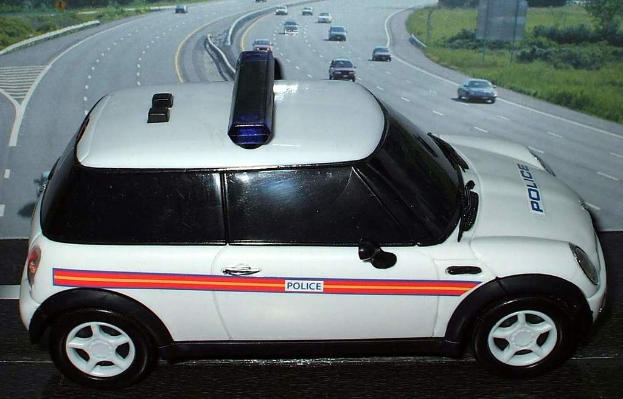 Weißes Polizeiauto vor einer belebten Straße mit mehreren Fahrzeugen, flankiert von Gras und Bäumen außerhalb der Stadt.
