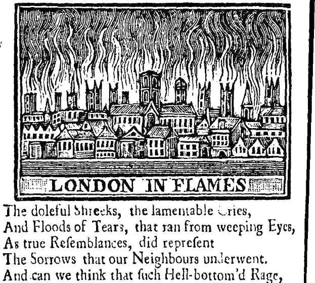 Schwarze und weiße Zeichnung einer brennenden Stadt mit dem Text "London in Flames" unten, die Gebäude sind von dickem Rauch und Feuer verdeckt.