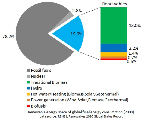 Tortendiagramm, das den globalen Verbrauch an erneuerbarer Energie im Jahr 2008 zeigt, unterteilt in Abschnitte für fossile Brennstoffe, Kernenergie, Wasserkraft, Warmwasserheizung, Biomasse, Solarenergie, Geothermie und Biokraftstoffe.