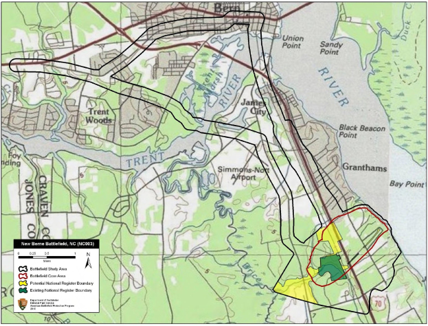 Karte einer Stadt mit einer roten Linie, die den Standort der geplanten Baustelle markiert, begleitet von Text, der Größe, Lage und Merkmale beschreibt.