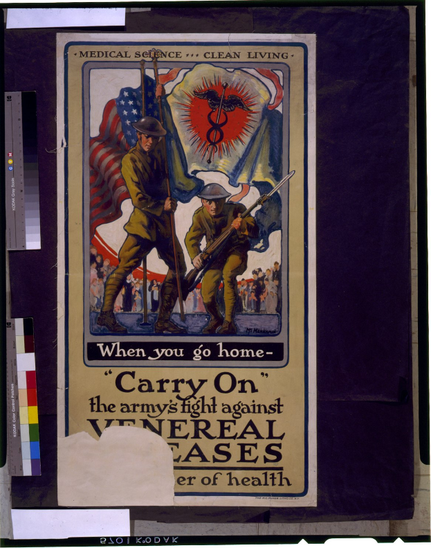 Ein Plakat mit zwei bewaffneten Personen, die eine Fahne halten, und einem Text, der die Zuschauer dazu aufruft, den Kampf der Armee gegen gesundheitliche Probleme zu Hause fortzusetzen.