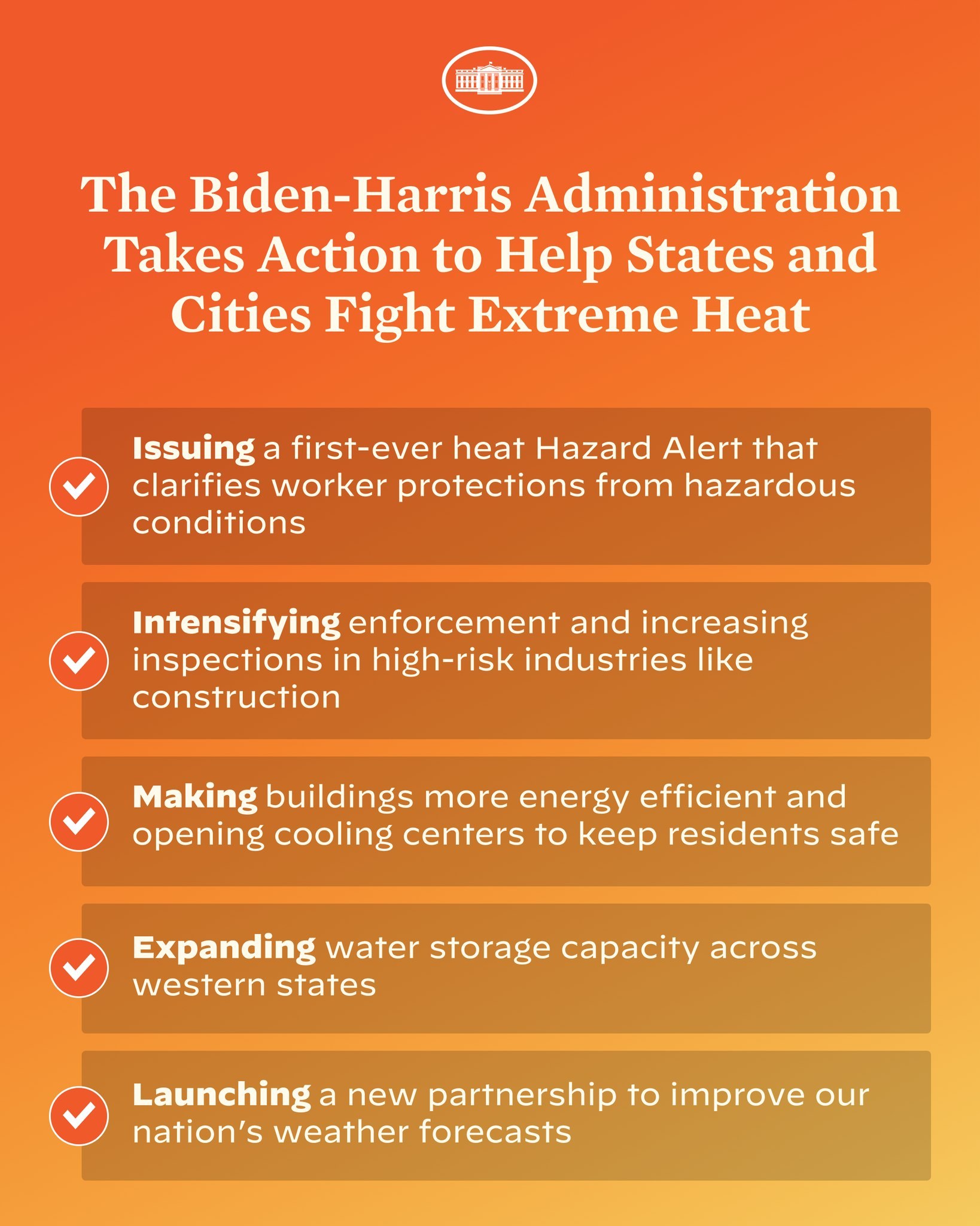 Plakat mit der Überschrift "Die Biden-Harris-Verwaltung setzt sich dafür ein, dass Bundesstaaten und Städte extreme Hitze bekämpfen" mit einem roten und weißen Schild-Logo mit einem Blitz, eingerahmt von einem gelben Rand.