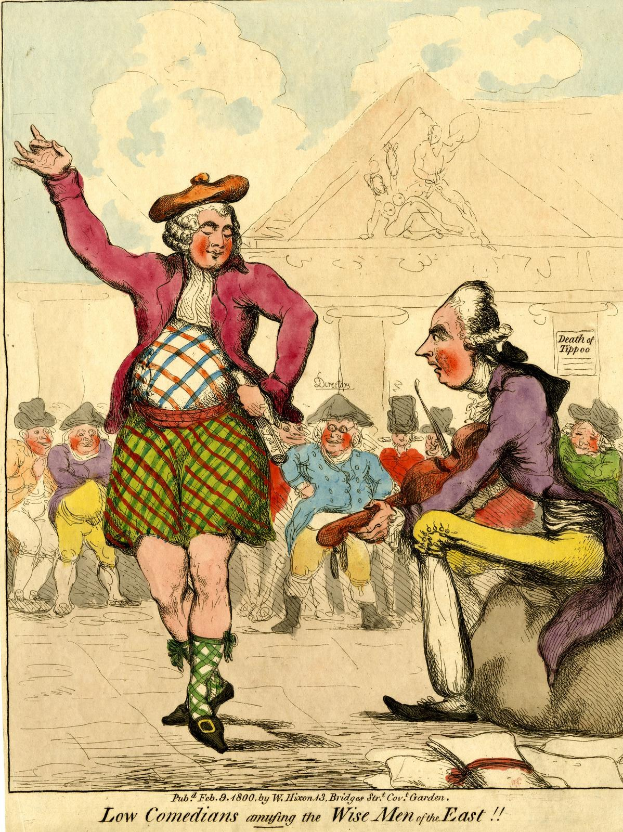 Cartoon-Illustration eines Mannes in einem Kilt und einer Frau in einem Kleid, die vor einem Gebäude unter einem bewölkten Himmel für ein Publikum auftreten, mit der Beschriftung 'Niedrige Komiker amüsieren die weisen Männer des Ostens' unten.