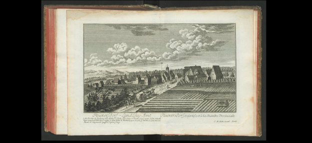 Offenes Buch mit dem Titel "Landschaft der Rhein-Westfalen" (1805) zeigt eine Dorfillustration mit Häusern, Bäumen, Höhen und Wolken.