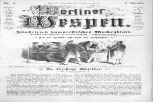 Eine alte Zeitung namens 'Berliner Wespen' vom 21. Februar 1873 mit einer Gruppe von Menschen in traditioneller deutscher Kleidung auf dem Titelbild.