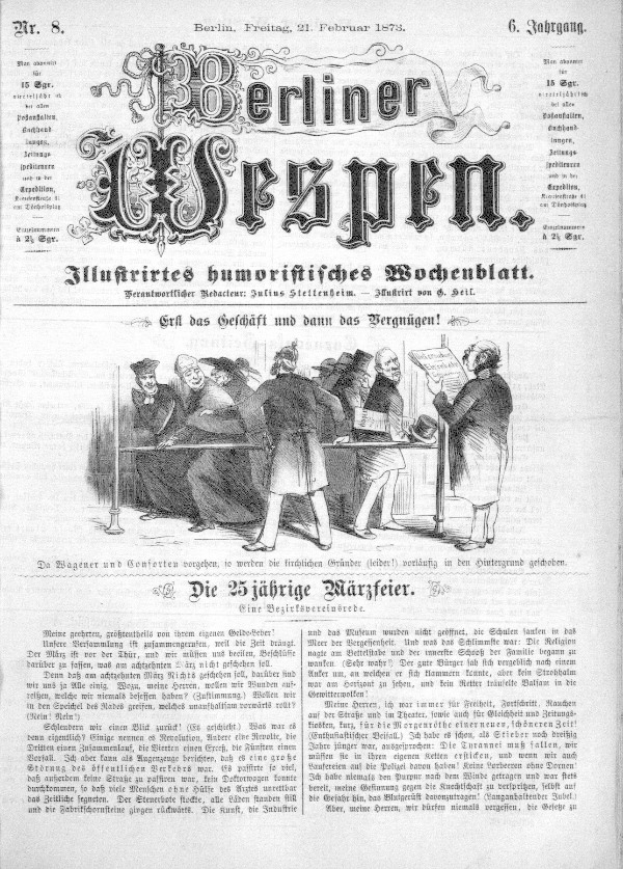 Eine alte Zeitung namens 'Berliner Wespen' vom 21. Februar 1873 mit einer Gruppe von Menschen in traditioneller deutscher Kleidung auf dem Titelbild.
