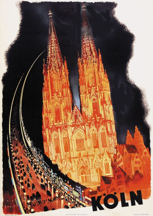 Ein Plakat bewirbt einen Bahnhof in Köln, Deutschland, mit einer Illustration des Kölner Doms und Texten über den Bahnhof und seine Dienstleistungen.