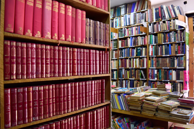 Ein gut organisierter Buchladen mit Regalen und Etagen voller ordentlich arrangierter Bücher und ein paar anderen Gegenständen.